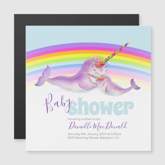 Schattigee narwal regenboog baby shower magnetische uitnodiging (Voorkant / Achterkant)