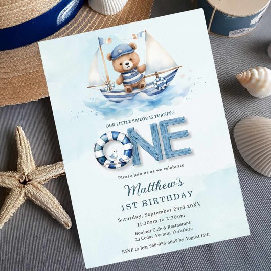 Schattigee nautische blauwe boot teddybeer 1e verj kaart