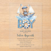 Schattigee nautische blauwe boot teddybeer jongen acryl uitnodigingen (Voorkant)