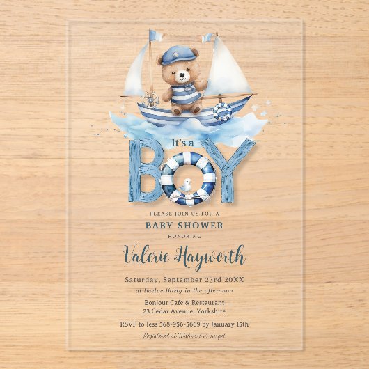 Schattigee nautische blauwe boot teddybeer jongen acryl uitnodigingen (Voorkant)