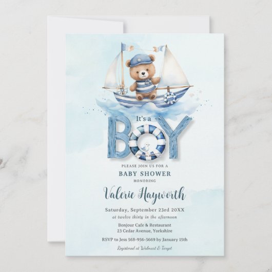Schattigee nautische blauwe boot teddybeer jongen  kaart (Voorkant)