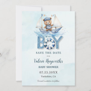 Schattigee nautische blauwe boot teddybeer jongen save the date