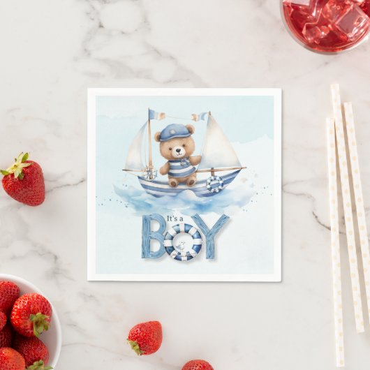 Schattigee nautische blauwe boot teddybeer jongen servet (Insitu)
