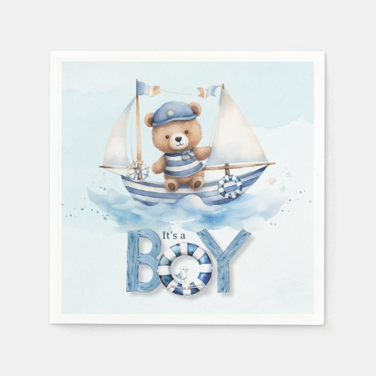 Schattigee nautische blauwe boot teddybeer jongen servet (Voorkant)