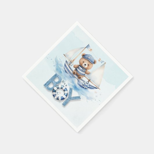 Schattigee nautische blauwe boot teddybeer jongen servet (Hoek)