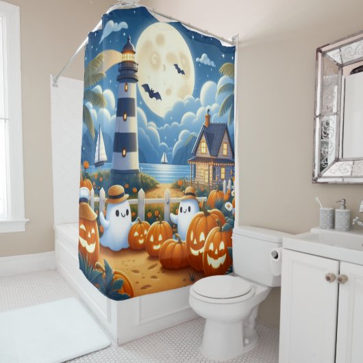 Schattigee, nautische / kust Halloween-spook / pom Douchegordijn (In situ)