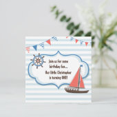 Schattigee nautische zeilboot jongens 1e verjaarda kaart (Staand voorkant)