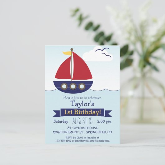 Schattigee Nautische Zeilboot Kind Verjaardagsfees Uitnodiging Briefkaart (Staand voorkant)