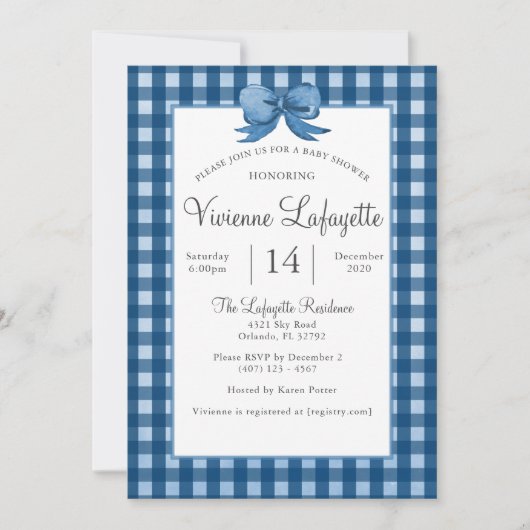 Schattigee Navy Blue Gingham met Bow Baby shower Kaart (Voorkant)