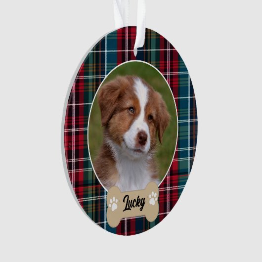Schattigee Navy Red Green Tartan Plaid Custom Dog Ornament (voorkant)