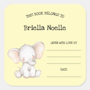 Schattigee neutraal olifant baby shower boekenplaa vierkante sticker