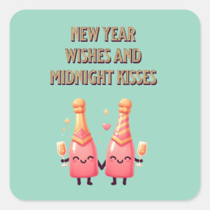 Schattigee Nieuwjaarswensen & Midnight Kisses Kawa Vierkante Sticker