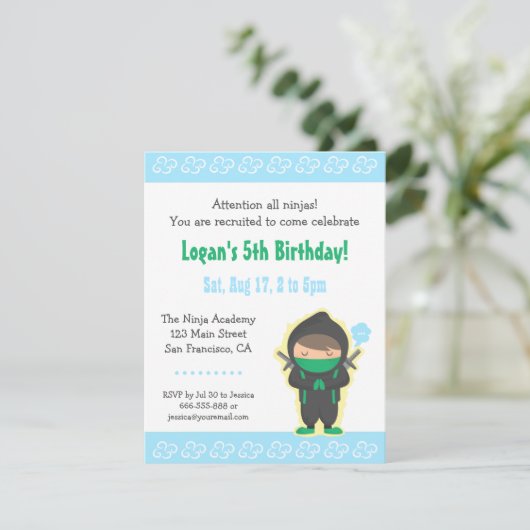 Schattigee Ninja Boy Kids Verjaardagsfeestje Uitno Kaart (Staand voorkant)