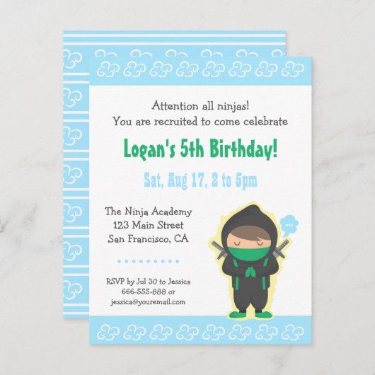 Schattigee Ninja Boy Kids Verjaardagsfeestje Uitno Kaart (Voorkant / Achterkant)