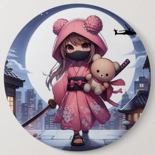 Schattigee Ninja Warrior Girl & Teddy Ronde Button 6,0 Cm
