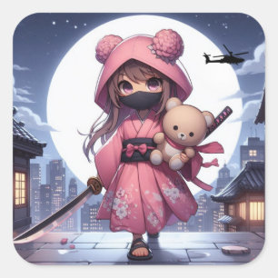 Schattigee Ninja Warrior Girl & Teddy Vierkante Sticker