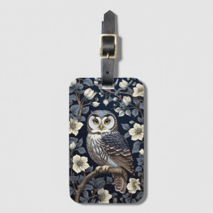 Schattigee Noordelijke Saw-Whet Uil en Moonflowers Bagagelabel