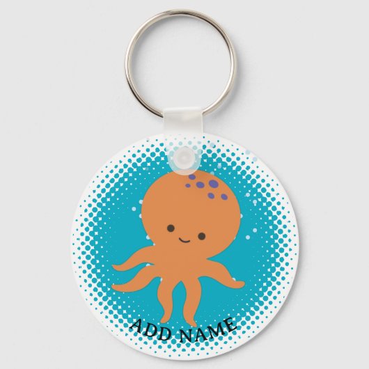Schattigee Octopus Cartoon Blue Ocean Custom Name Sleutelhanger (Voorkant)