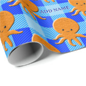 Schattigee Octopus Cartoon Blue Plaid Custom Name Cadeaupapier (Rol Hoek)