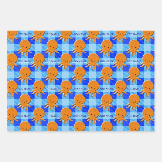 Schattigee Octopus Cartoon Blue Plaid Custom Name Inpakpapier Vel (Voorkant)