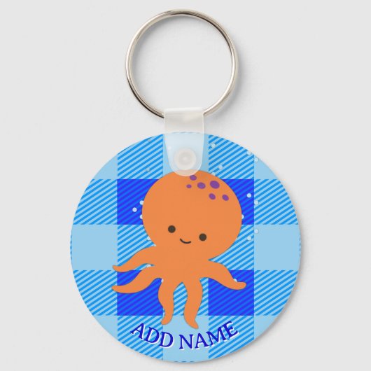Schattigee Octopus Cartoon Blue Plaid Custom Name Sleutelhanger (Voorkant)