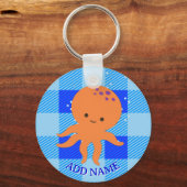 Schattigee Octopus Cartoon Blue Plaid Custom Name Sleutelhanger (Achterkant)