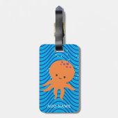 Schattigee Octopus Cartoon Blue Waves Pattern Bagagelabel (Achterkant verticaal)