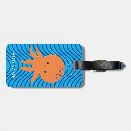 Schattigee Octopus Cartoon Blue Waves Pattern Bagagelabel (Achterkant horizontaal)