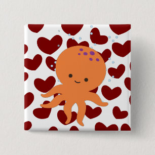 Schattigee octopus Cartoon rood hartpatroon Vierkante Button 5,1 Cm