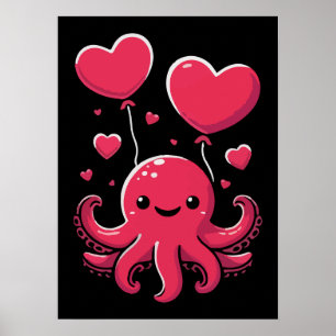 Schattigee octopus met hartballonnen, Valentijnsda Poster