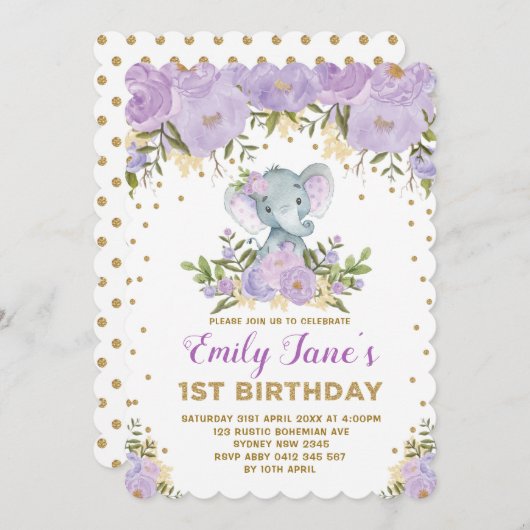 Schattigee Olifant 1e Verjaardag Paarse Goudbloeme Kaart (Voorkant / Achterkant)