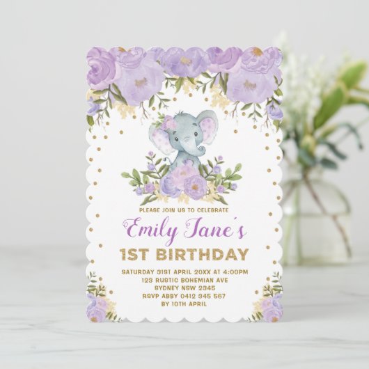 Schattigee Olifant 1e Verjaardag Paarse Goudbloeme Kaart (Staand voorkant)