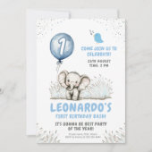 Schattigee olifant blauwe ballon 1e verjaardag kaart (Voorkant)