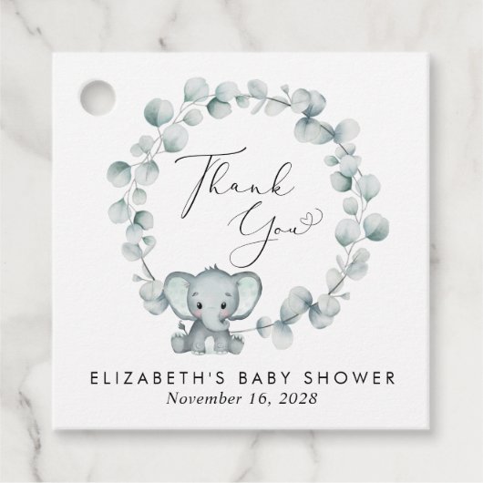Schattigee olifant eucalyptus Baby shower dank u Bedankjes Labels (Voorkant)