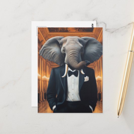 Schattigee olifant in een Tux Briefkaart (Voorkant / Achterkant in situ)
