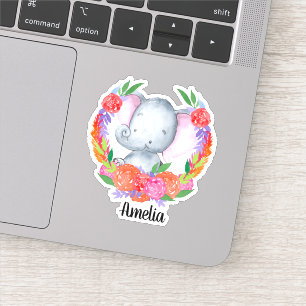 Schattigee olifant kleurrijke bloemen gepersonalis sticker