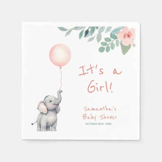 Schattigee olifant met roze ballon Baby shower Servet (Voorkant)