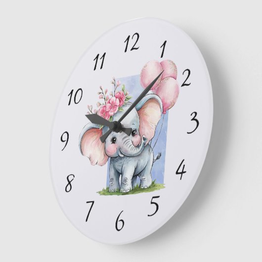 Schattigee olifant met roze ballonnen meisje cadea grote klok (Hoek)