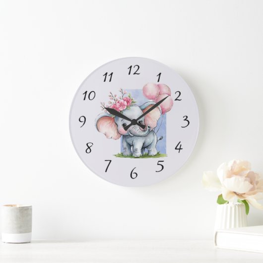 Schattigee olifant met roze ballonnen meisje cadea grote klok (Huis)