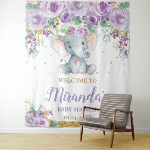 Schattigee Olifant Paarse Bloemen Baby shower Welk Wandkleed