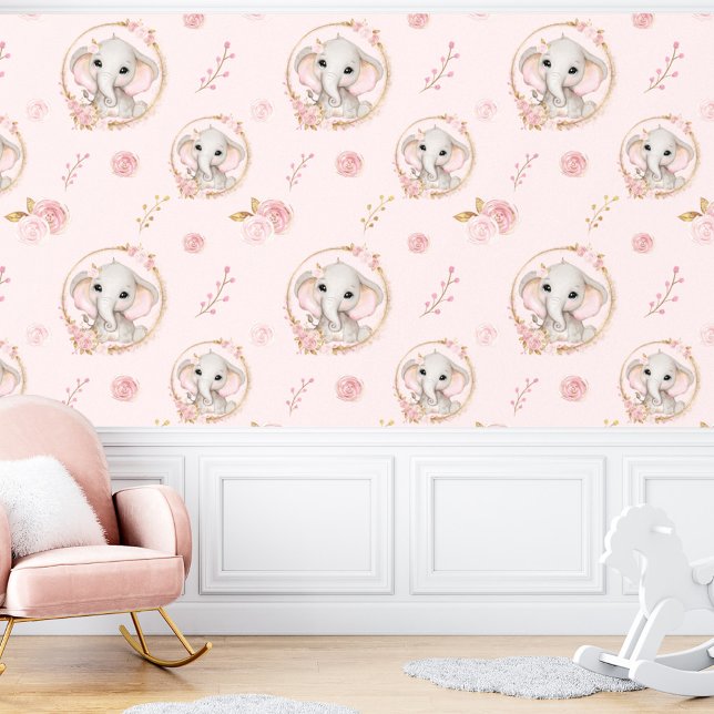 Schattigee olifant roze rozen bloemenmeisje behang (Cute Elephant Pink Roses Floral Girl Wallpaper)