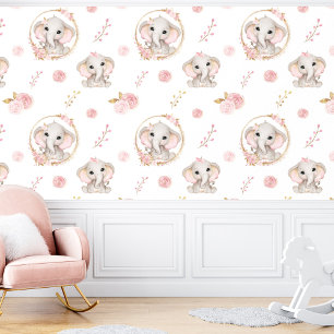 Schattigee olifant wit roze bloemmeisje behang