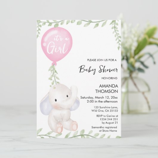 Schattigee Olifantenballon baby shower Uitnodiging (Staand voorkant)