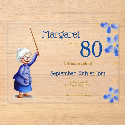 Schattigee oma Waterverf Bloemen 80ste Verjaardag Acryl Uitnodigingen (Voorkant)