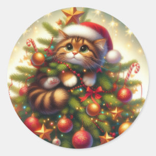 Schattigee, ondeugende kat in de kerstboom ronde sticker