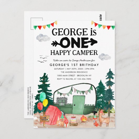 Schattigee ONE Happy Camper Bossen Camping 1e Verj Briefkaart (Voorkant / Achterkant)