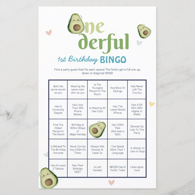 Schattigee Onederful avocado 1e verjaardag bingoga (Voorkant)