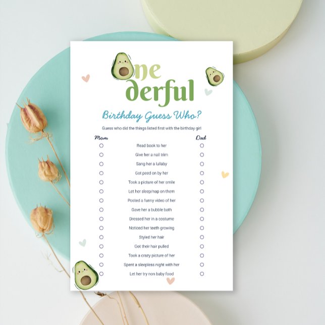 Schattigee Onederful Avocado 1e Verjaardagsspel Ka (Cute Onederful Avocado 1st Birthday Game Card)