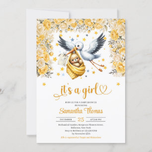 Schattigee ooievaar & baby gele bloemen meisje bab kaart