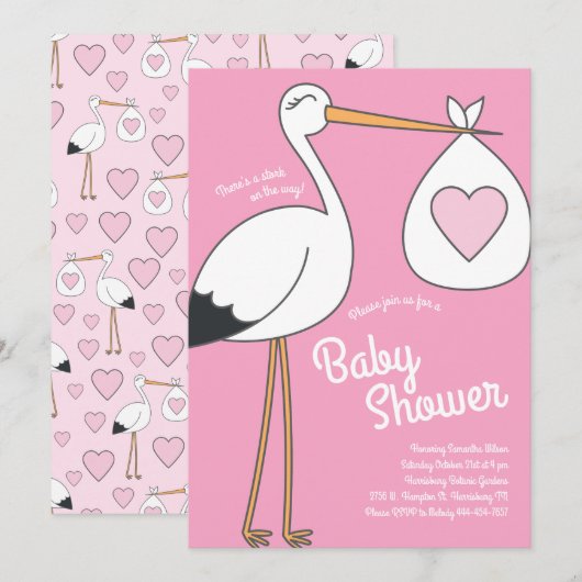 Schattigee ooievaar Baby shower roze meisje Kaart (Voorkant / Achterkant)
